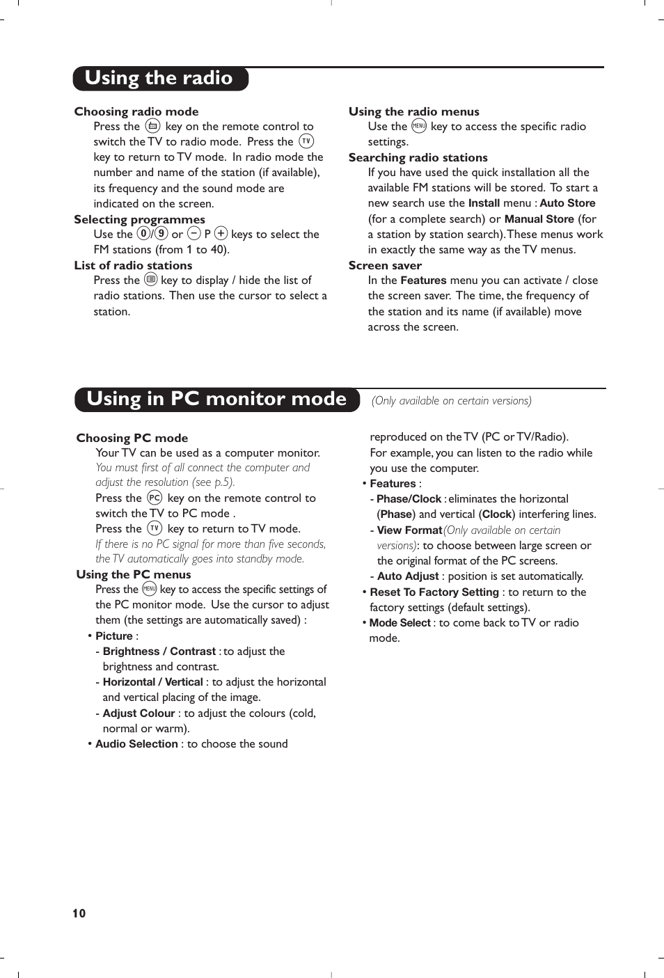 Using the radio, Using in pc monitor mode | Philips Flat TV User Manual | Page 70 / 144