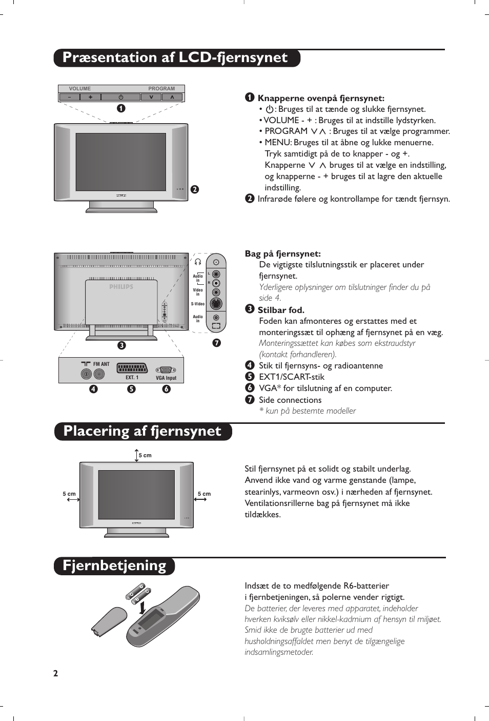 Fjernbetjening præsentation af lcd-fjernsynet, Placering af fjernsynet | Philips Flat TV User Manual | Page 74 / 144