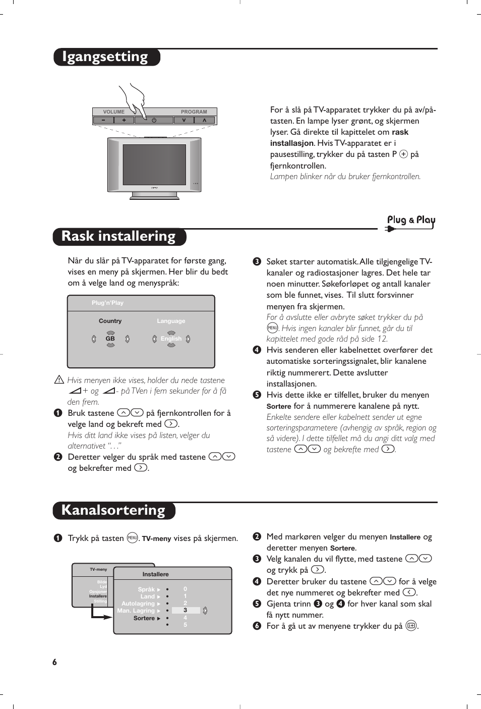 Rask installering kanalsortering, Igangsetting | Philips Flat TV User Manual | Page 90 / 144