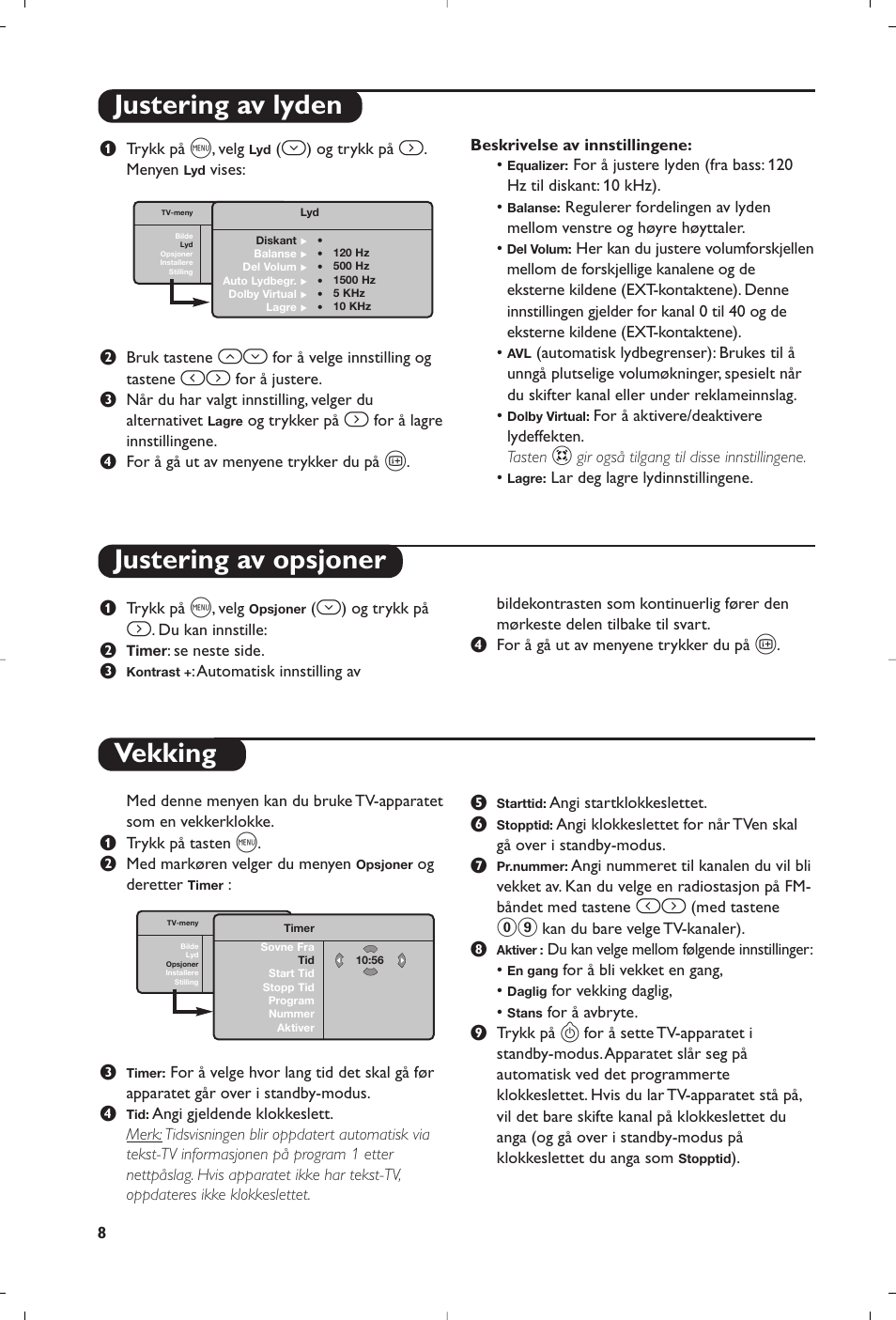 Justering av lyden, Justering av opsjoner, Vekking | Philips Flat TV User Manual | Page 92 / 144