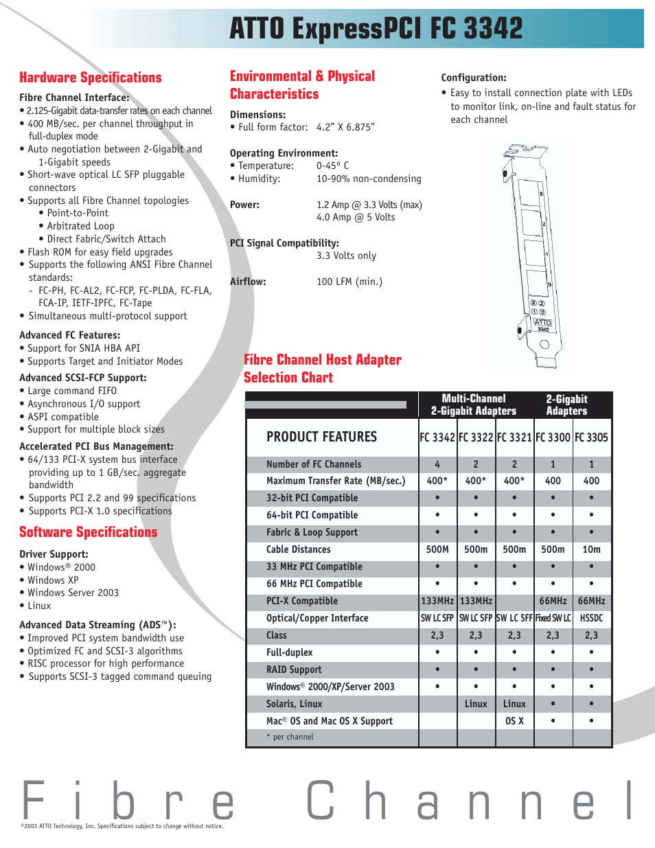 Atto expresspci fc 3342, Hardware specifications, Software specifications | Product features | ATTO Technology ATTO ExpressPCI FC 3305 User Manual | Page 2 / 2