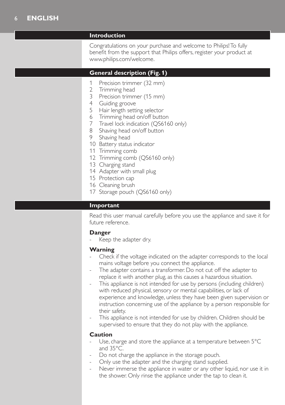 English | Philips StyleShaver Perfilador y afeitadora resistente al agua User Manual | Page 6 / 158