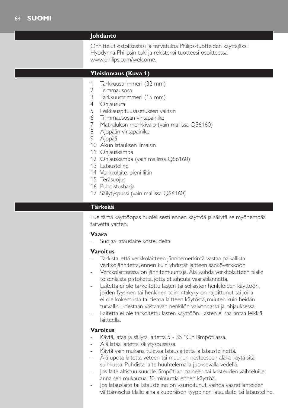 Suomi | Philips StyleShaver Perfilador y afeitadora resistente al agua User Manual | Page 64 / 158