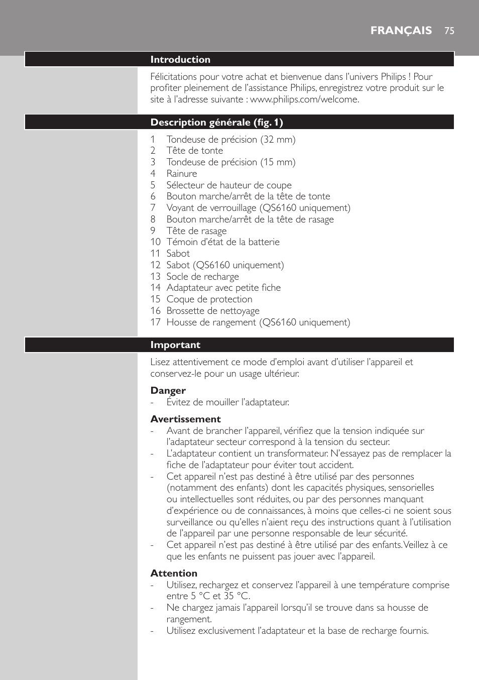 Français, Français 75 | Philips StyleShaver Perfilador y afeitadora resistente al agua User Manual | Page 75 / 158