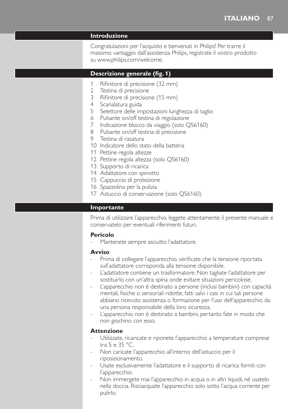 Italiano | Philips StyleShaver Perfilador y afeitadora resistente al agua User Manual | Page 87 / 158