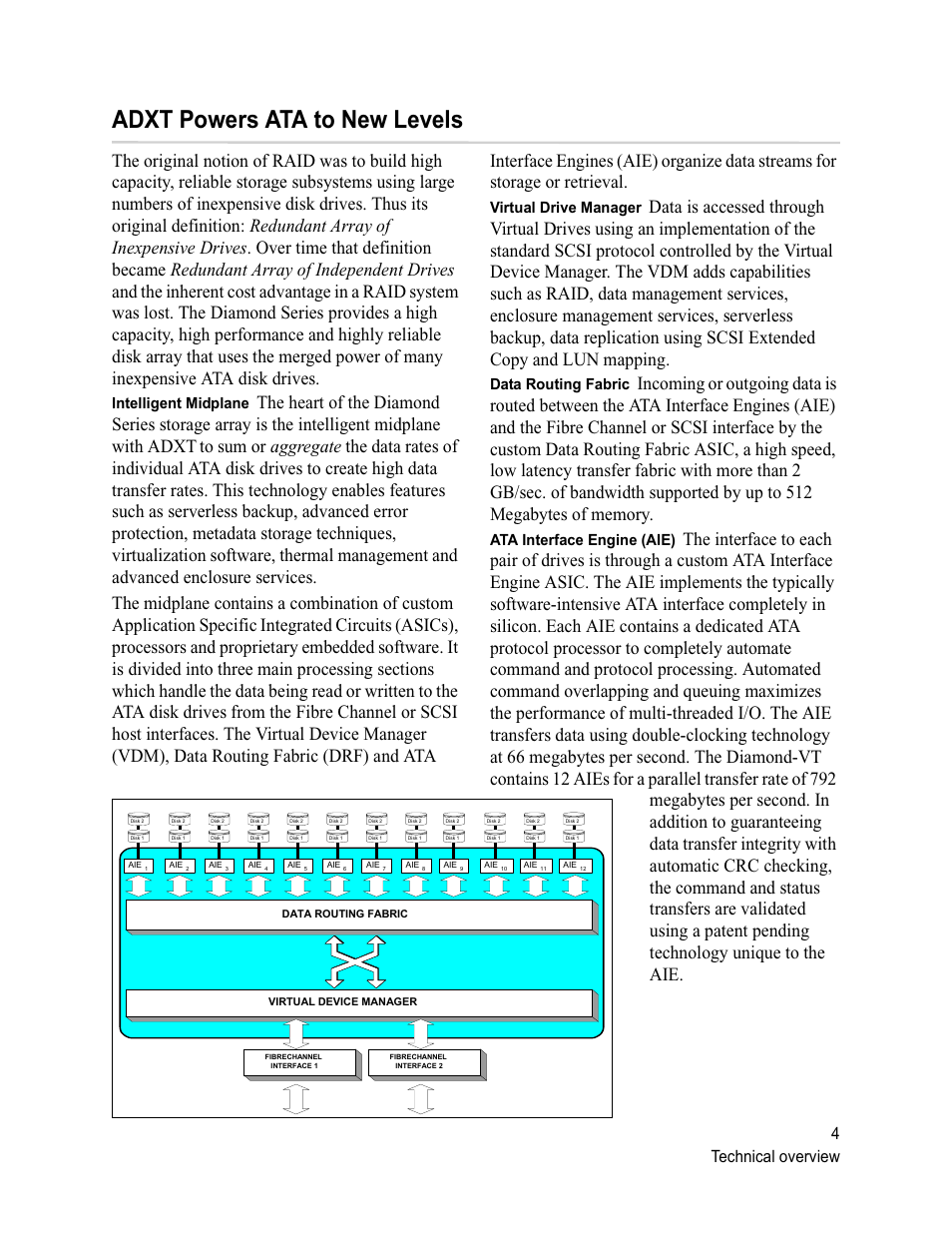 Adxt powers ata to new levels, 4technical overview, Intelligent midplane | Virtual drive manager, Data routing fabric, Ata interface engine (aie) | ATTO Technology Diamond Storage Array VT-Class User Manual | Page 15 / 96