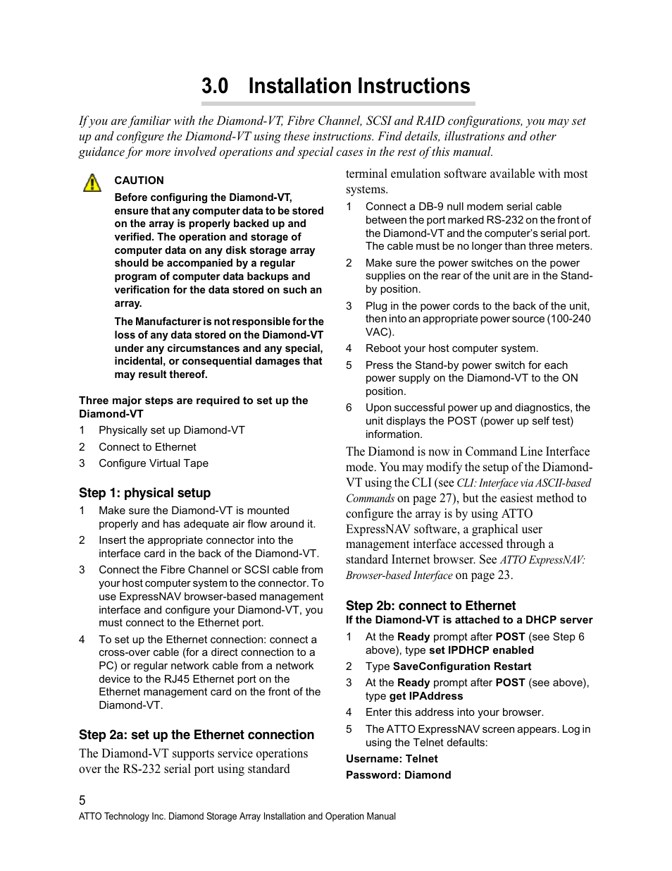0 installation instructions, Step 1: physical setup, Step 2a: set up the ethernet connection | Step 2b: connect to ethernet | ATTO Technology Diamond Storage Array VT-Class User Manual | Page 16 / 96
