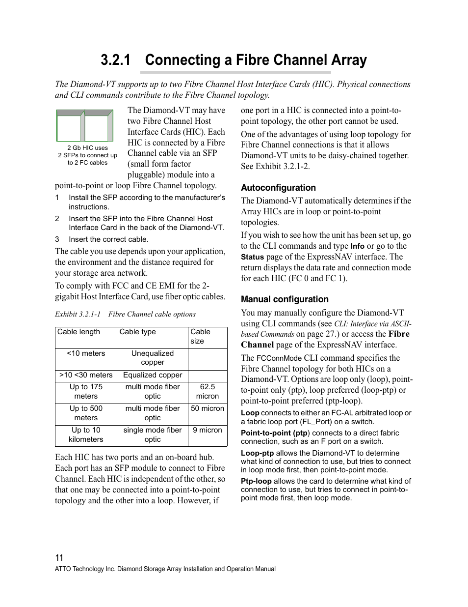 Exhibit 3.2.1-1 fibre channel cable options, Autoconfiguration, Manual configuration | 1 connecting a fibre channel array, Autoconfiguration manual configuration | ATTO Technology Diamond Storage Array VT-Class User Manual | Page 22 / 96