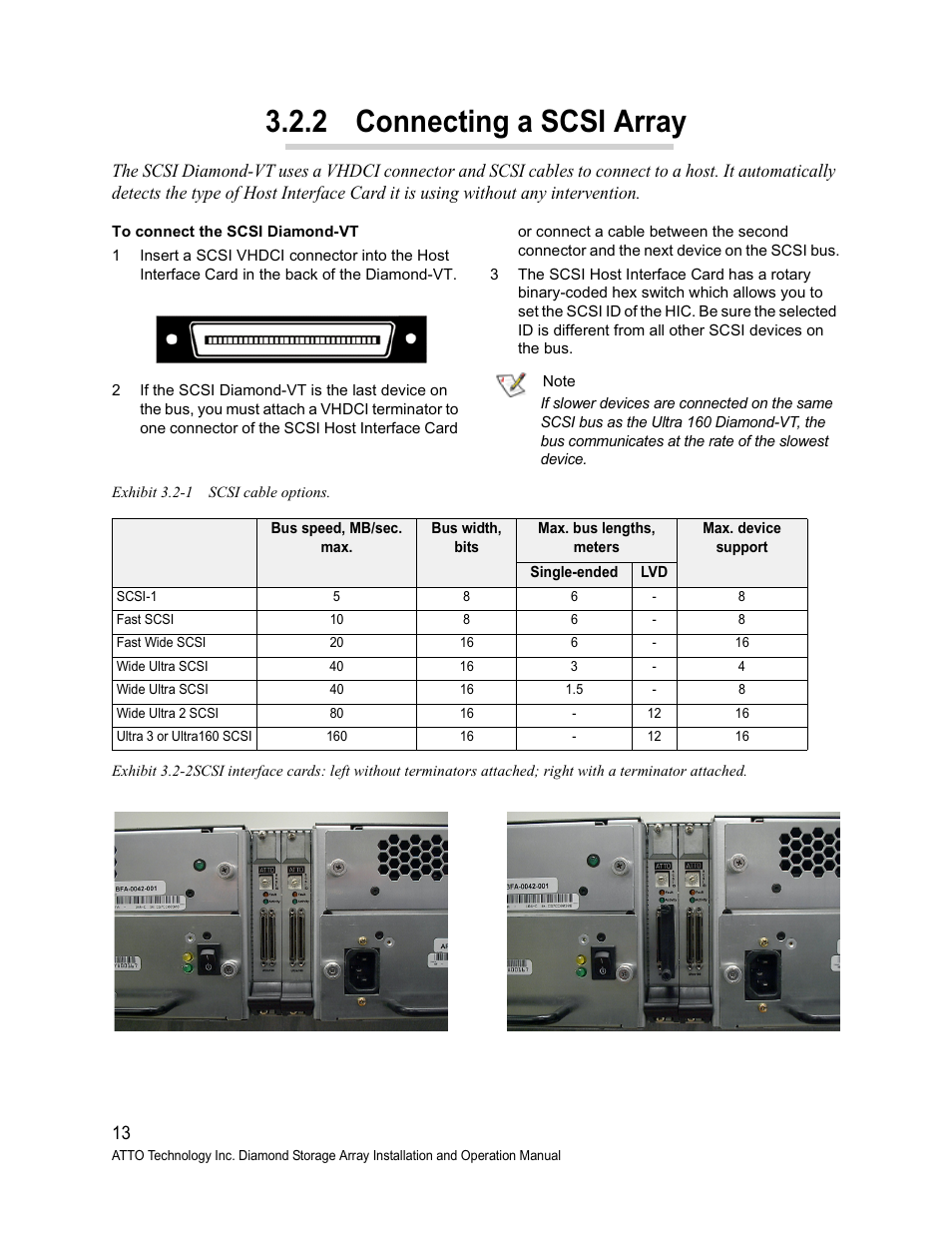Exhibit 3.2-1 scsi cable options, 2 connecting a scsi array | ATTO Technology Diamond Storage Array VT-Class User Manual | Page 24 / 96