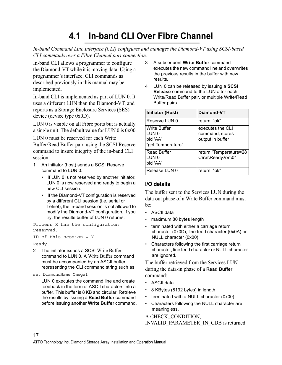 I/o details, 1 in-band cli over fibre channel | ATTO Technology Diamond Storage Array VT-Class User Manual | Page 28 / 96