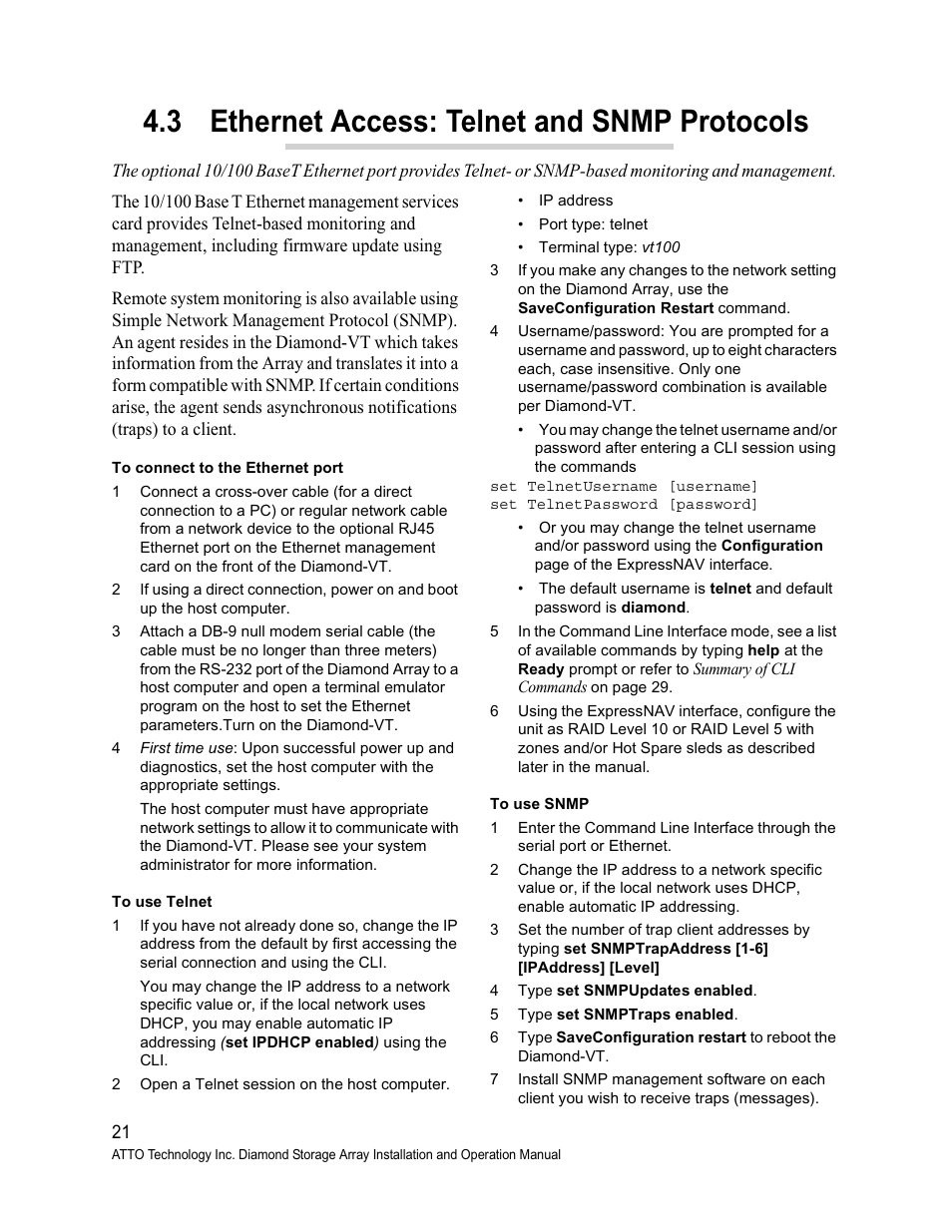 3 ethernet access: telnet and snmp protocols | ATTO Technology Diamond Storage Array VT-Class User Manual | Page 32 / 96