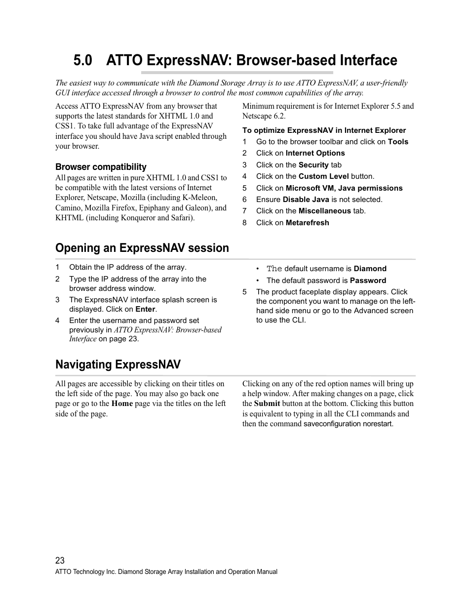 0 atto expressnav: browser-based interface, Browser compatibility, Opening an expressnav session | Navigating expressnav | ATTO Technology Diamond Storage Array VT-Class User Manual | Page 34 / 96