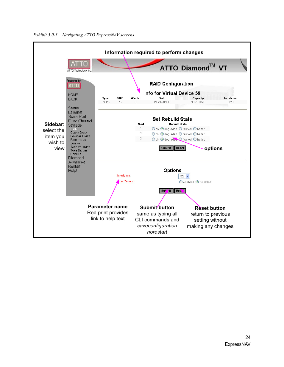 Exhibit 5.0-3 navigating atto expressnav screens | ATTO Technology Diamond Storage Array VT-Class User Manual | Page 35 / 96