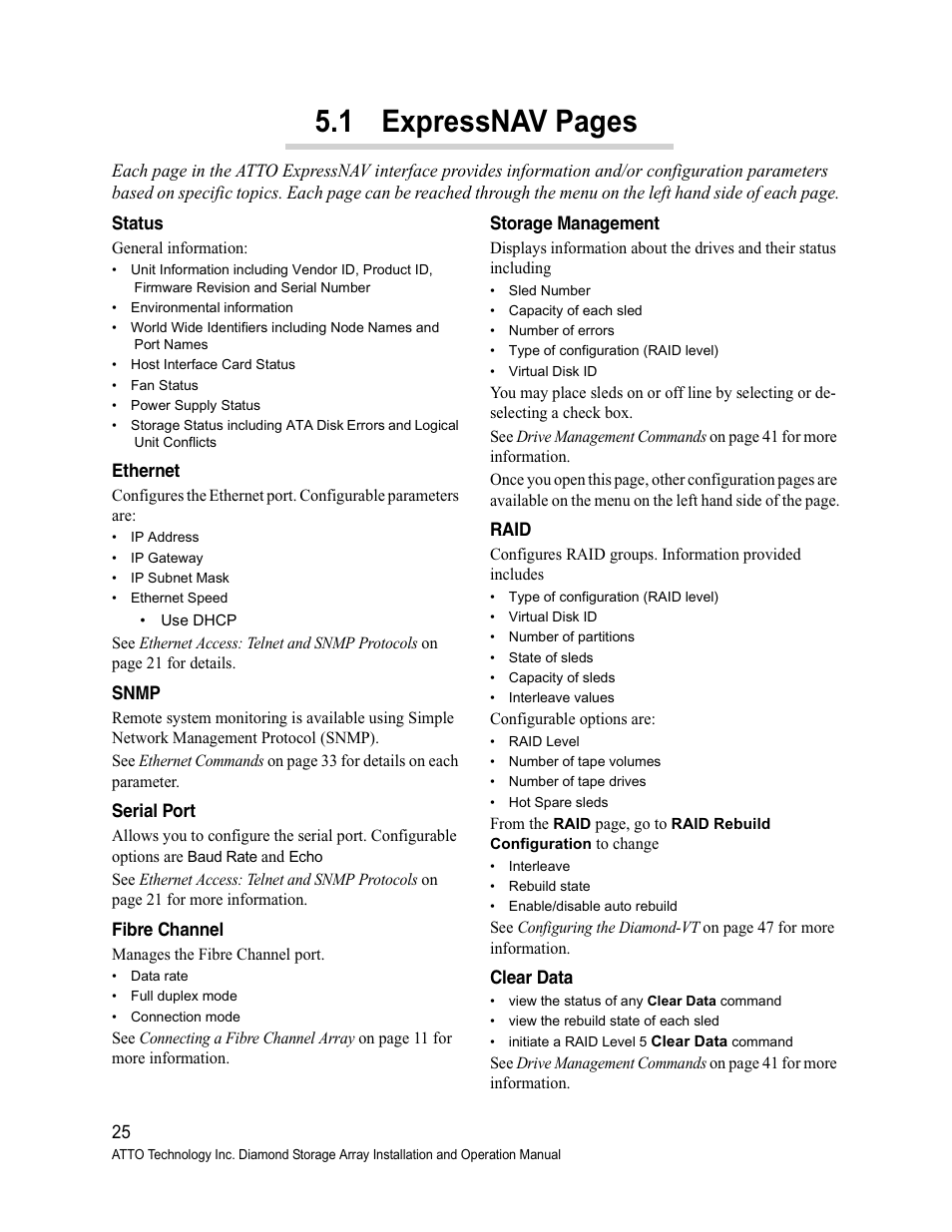 Status, Ethernet, Snmp | Serial port, Fibre channel, Storage management, Raid, Clear data, 1 expressnav pages | ATTO Technology Diamond Storage Array VT-Class User Manual | Page 36 / 96