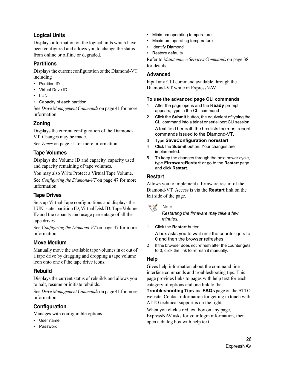 Logical units, Partitions, Zoning | Tape volumes, Tape drives, Move medium, Rebuild, Configuration, Advanced, Restart | ATTO Technology Diamond Storage Array VT-Class User Manual | Page 37 / 96