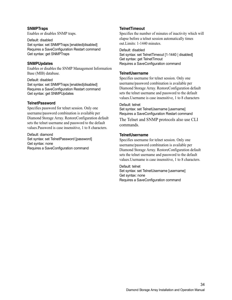 Snmptraps, Snmpupdates, Telnetpassword | Telnettimeout, Telnetusername | ATTO Technology Diamond Storage Array VT-Class User Manual | Page 45 / 96