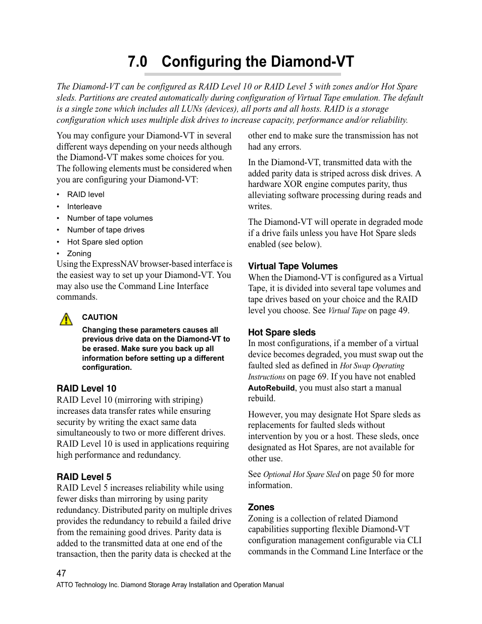 0 configuring the diamond-vt, Raid level 10, Raid level 5 | Virtual tape volumes, Hot spare sleds, Zones | ATTO Technology Diamond Storage Array VT-Class User Manual | Page 58 / 96