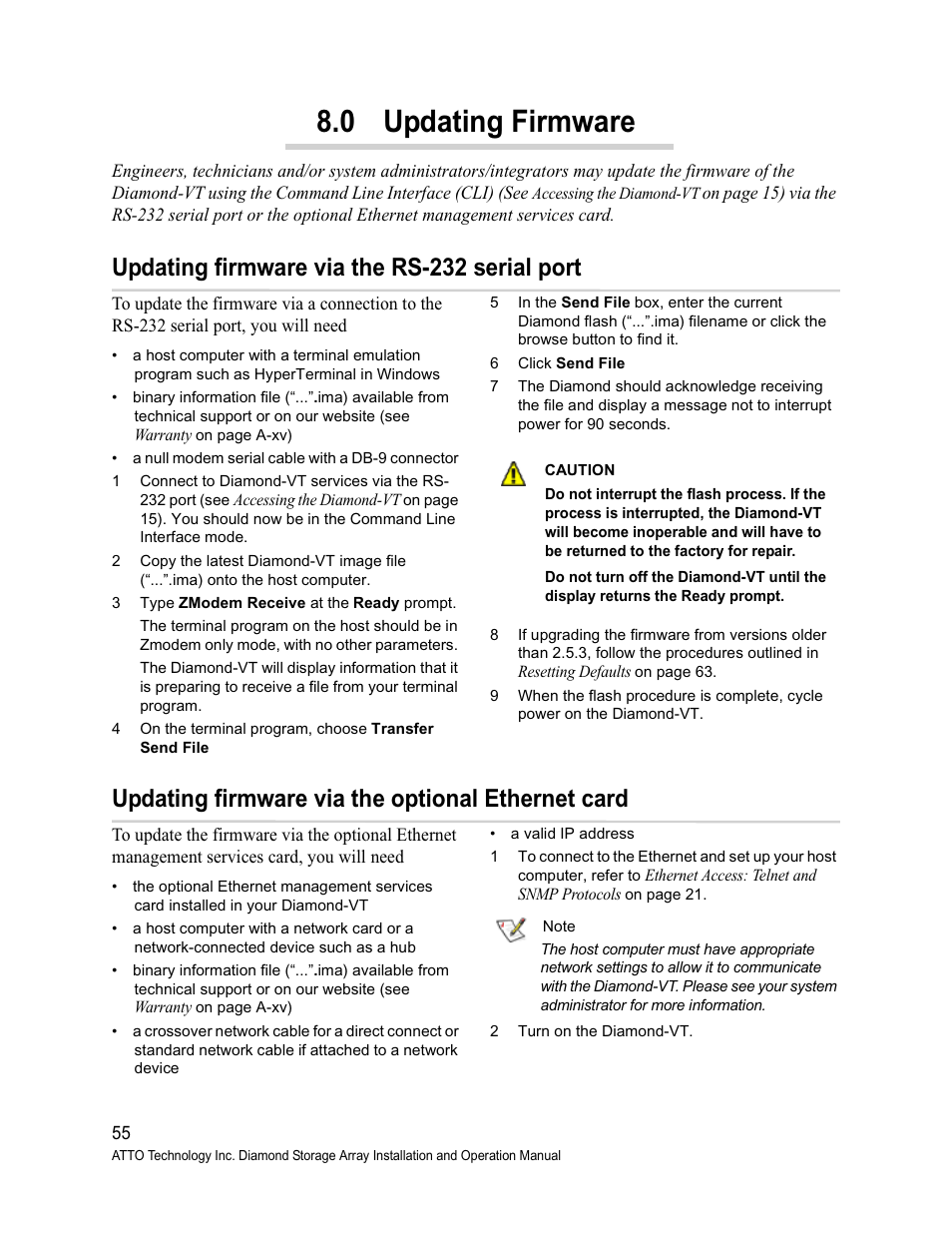 0 updating firmware, Updating firmware via the rs-232 serial port, Updating firmware via the optional ethernet card | ATTO Technology Diamond Storage Array VT-Class User Manual | Page 66 / 96
