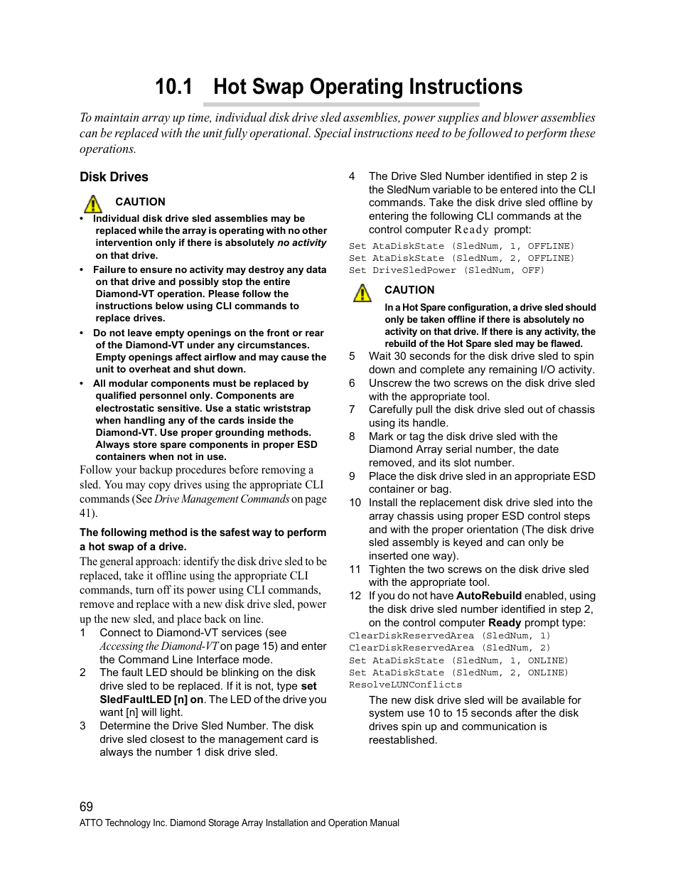 Disk drives, 1 hot swap operating instructions, Swap operating instructions | Hot swap operating, Instructions, Hot swap, Operating instructions, Hot swap operating instructions | ATTO Technology Diamond Storage Array VT-Class User Manual | Page 80 / 96