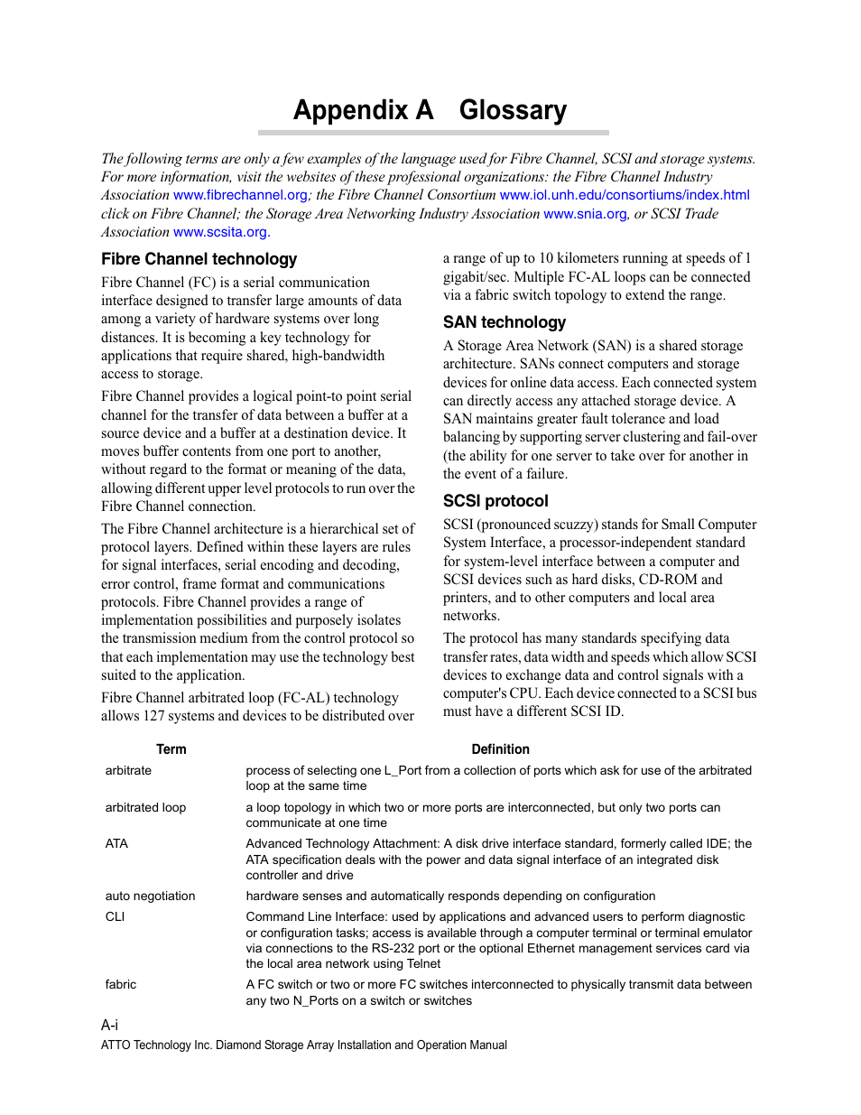 Appendix a glossary, Fibre channel technology, San technology | Scsi protocol | ATTO Technology Diamond Storage Array VT-Class User Manual | Page 82 / 96