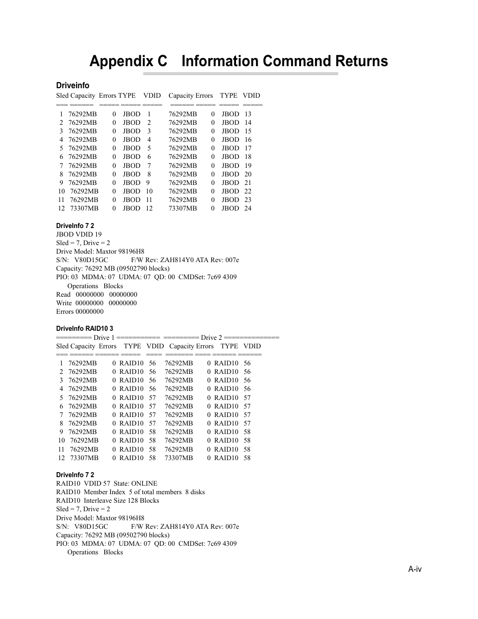 Appendix c information command returns, Driveinfo | ATTO Technology Diamond Storage Array VT-Class User Manual | Page 85 / 96