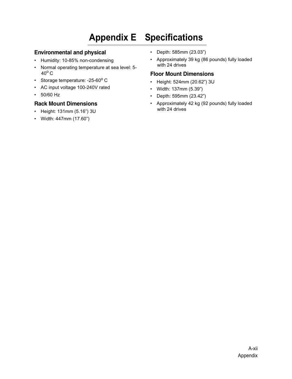 Appendix e specifications, Environmental and physical, Rack mount dimensions | Floor mount dimensions | ATTO Technology Diamond Storage Array VT-Class User Manual | Page 93 / 96