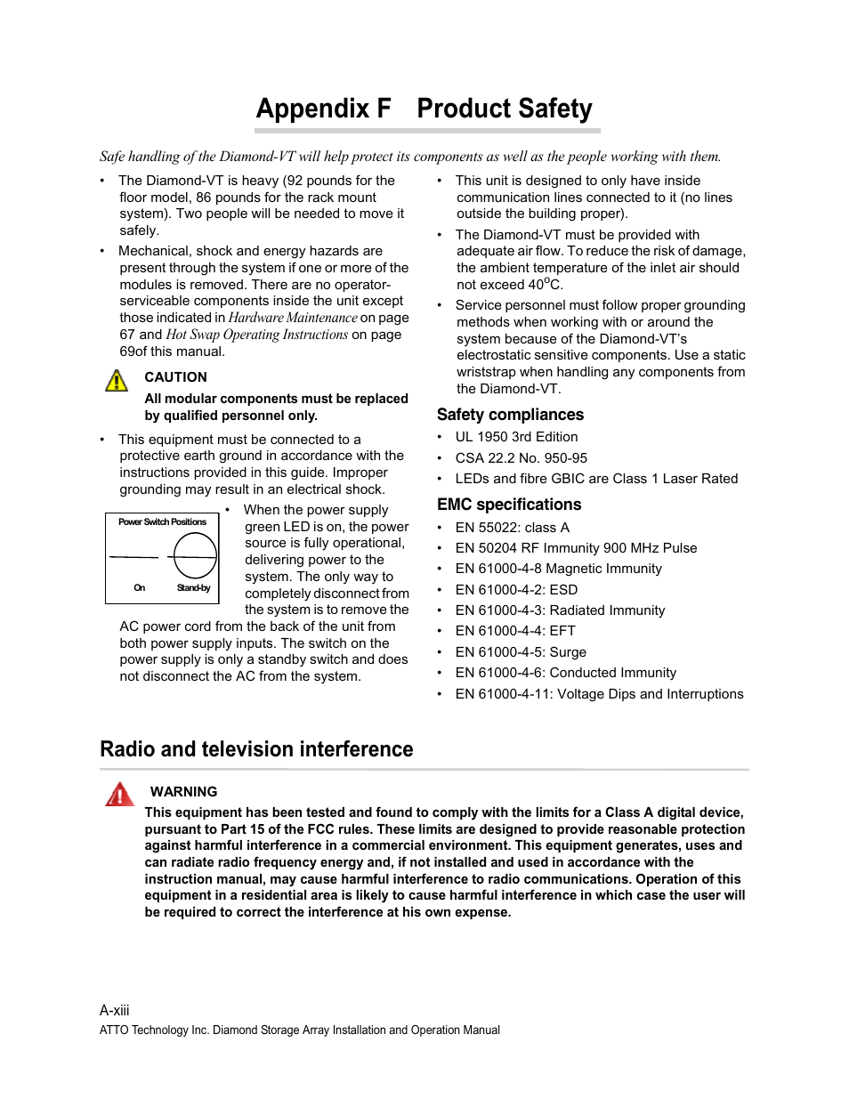 Appendix f product safety, Safety compliances, Emc specifications | Radio and television interference | ATTO Technology Diamond Storage Array VT-Class User Manual | Page 94 / 96