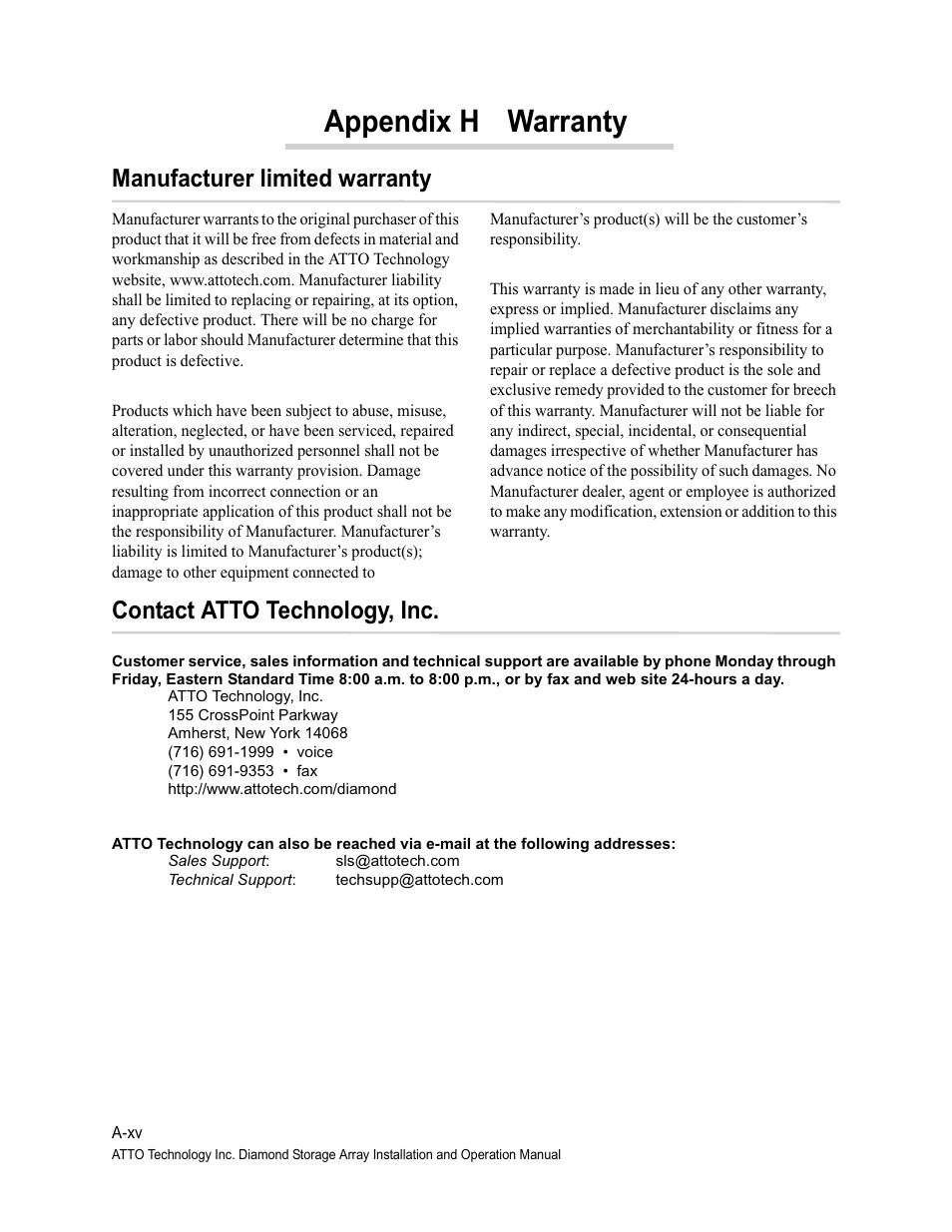 Appendix h warranty, Manufacturer limited warranty, Contact atto technology, inc | Warranty, In the | ATTO Technology Diamond Storage Array VT-Class User Manual | Page 96 / 96