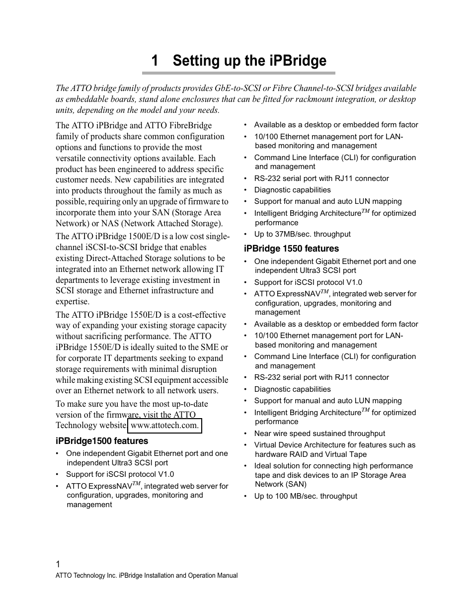 1 setting up the ipbridge, Ipbridge1500 features, Ipbridge 1550 features | Ipbridge1500 features ipbridge 1550 features | ATTO Technology 1500D/E User Manual | Page 10 / 62