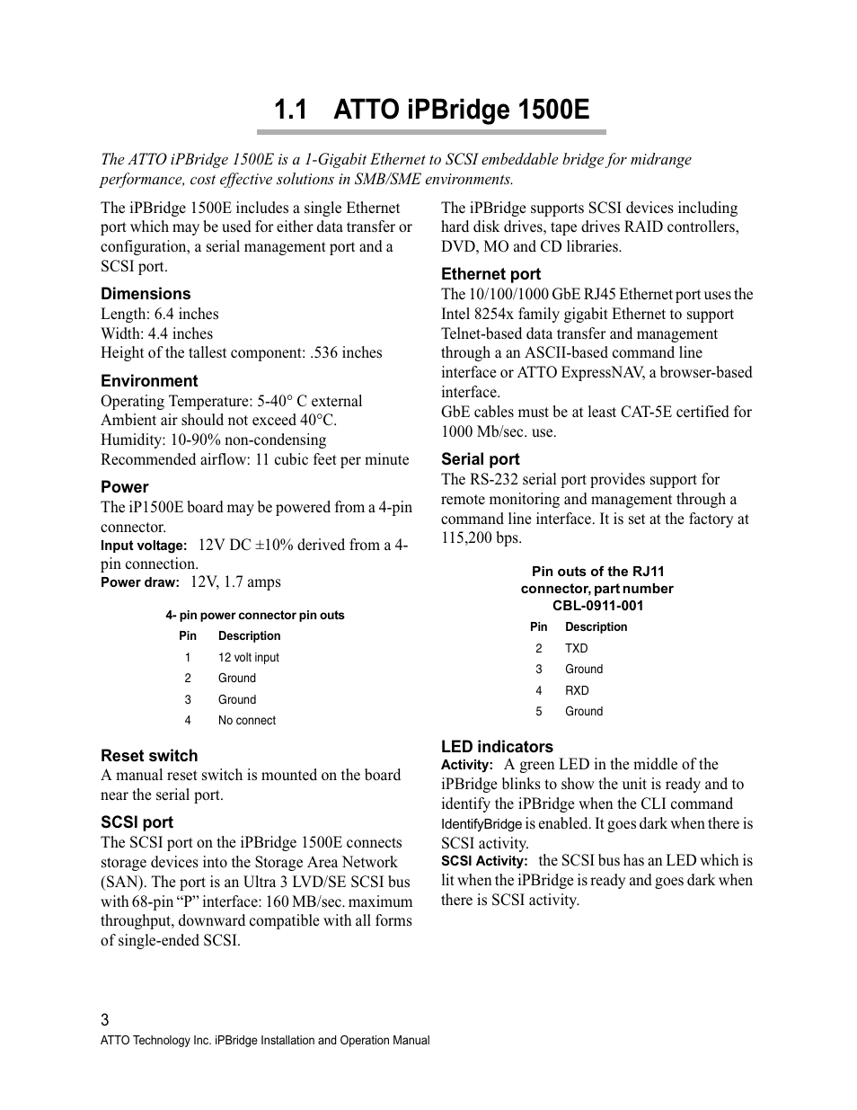 1 atto ipbridge 1500e, Dimensions, Environment | Power, Reset switch, Scsi port, Ethernet port, Serial port, Led indicators | ATTO Technology 1500D/E User Manual | Page 12 / 62