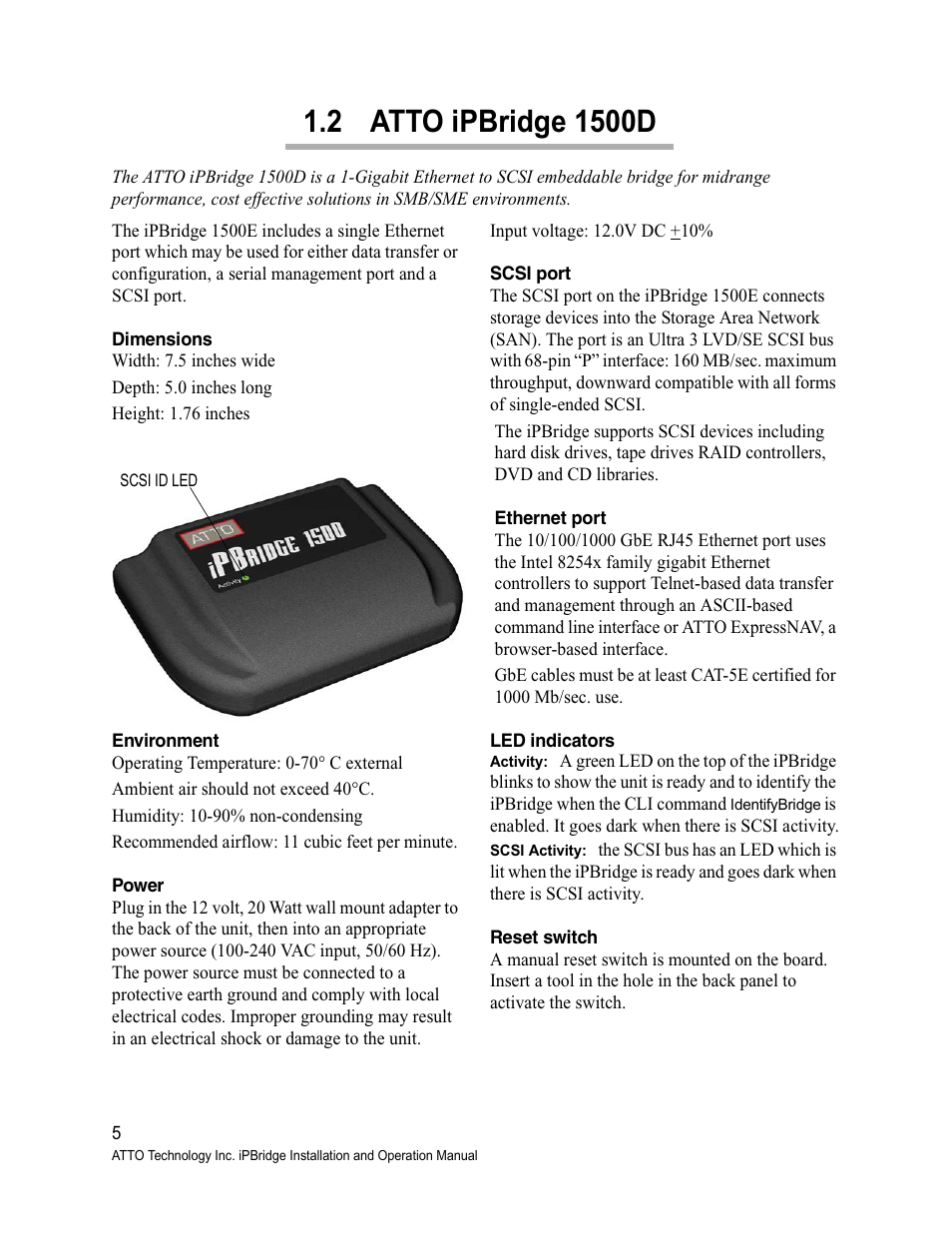 2 atto ipbridge 1500d, Dimensions, Environment | Power, Scsi port, Ethernet port, Led indicators, Reset switch | ATTO Technology 1500D/E User Manual | Page 14 / 62