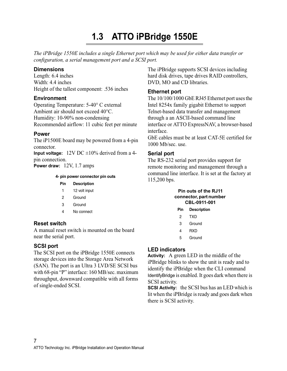 3 atto ipbridge 1550e, Dimensions, Environment | Power, Reset switch, Scsi port, Ethernet port, Serial port, Led indicators | ATTO Technology 1500D/E User Manual | Page 16 / 62