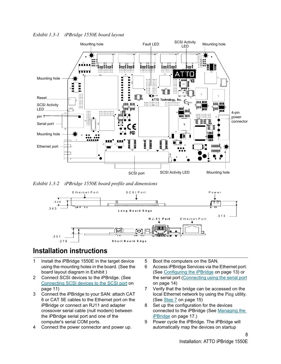 Exhibit 1.3-1 ipbridge 1550e board layout, Installation instructions, Ping | ATTO Technology 1500D/E User Manual | Page 17 / 62