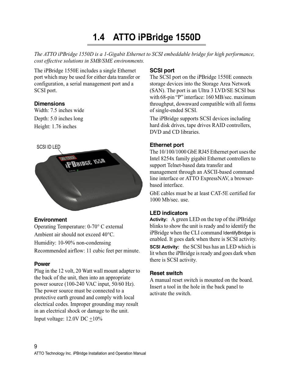 4 atto ipbridge 1550d, Dimensions, Environment | Power, Scsi port, Ethernet port, Led indicators, Reset switch | ATTO Technology 1500D/E User Manual | Page 18 / 62
