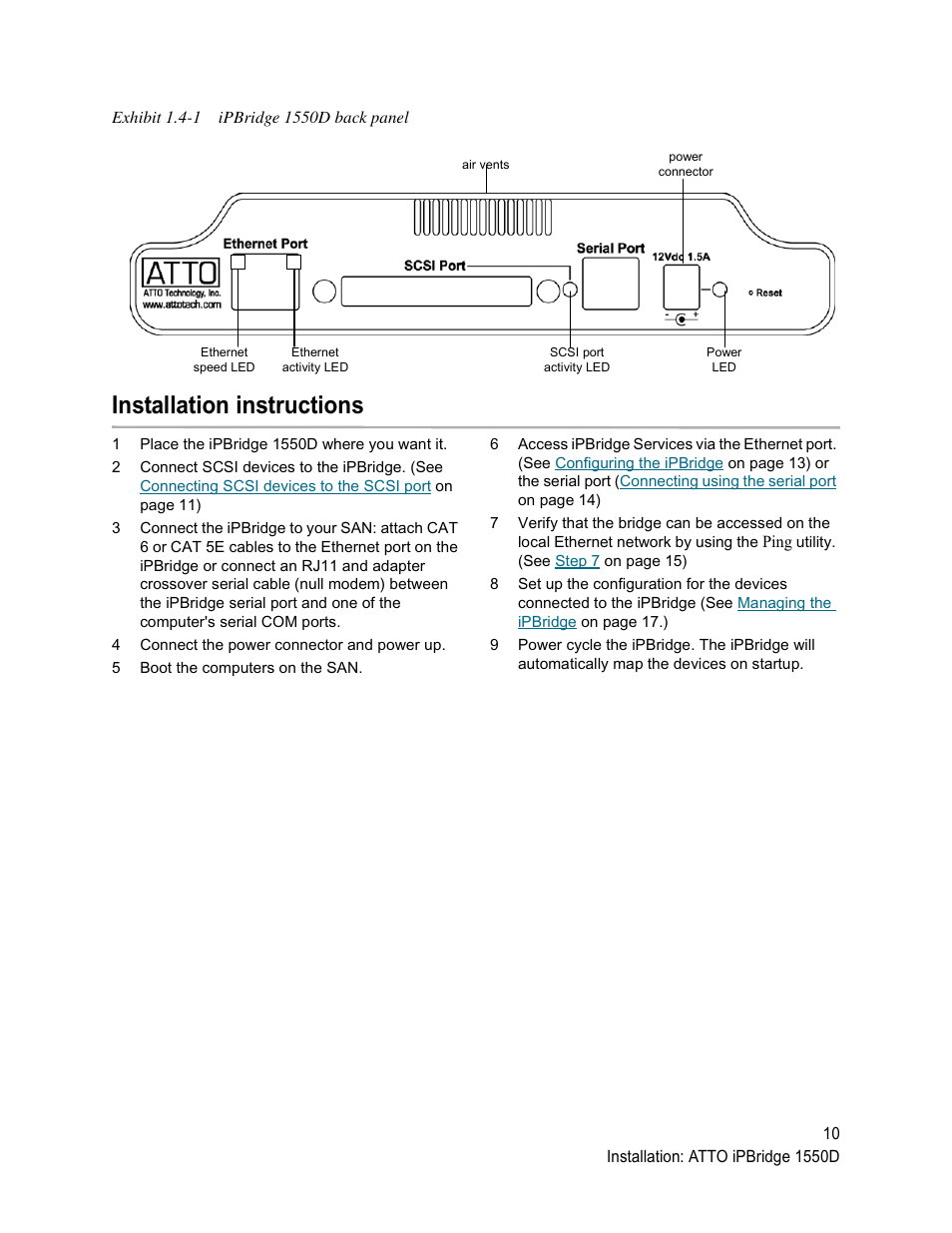 Exhibit 1.4-1 ipbridge 1550d back panel, Installation instructions | ATTO Technology 1500D/E User Manual | Page 19 / 62