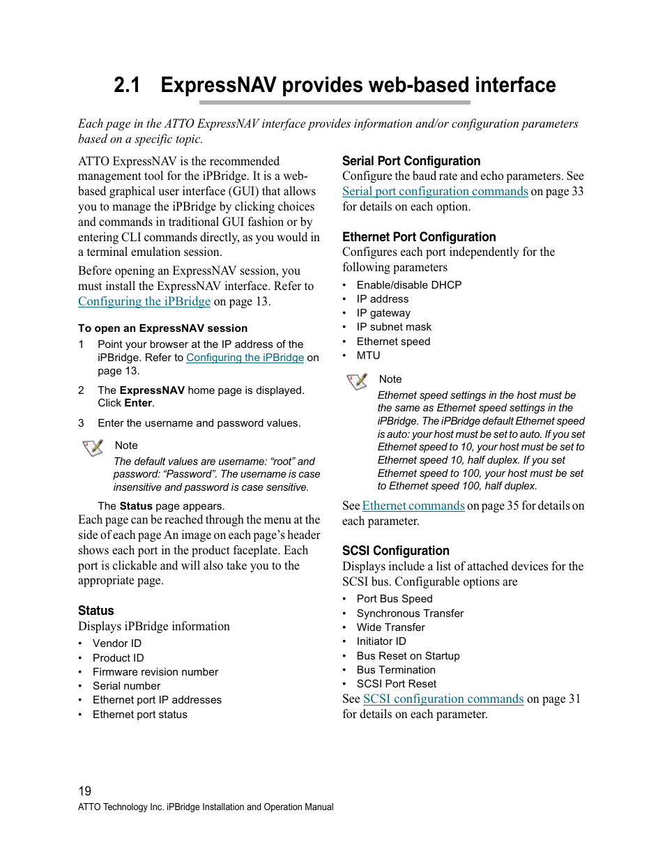 1 expressnav provides web-based interface, Status, Serial port configuration | Ethernet port configuration, Scsi configuration, Expressnav provides web-based, Interface, Expressnav, Provides web-based interface, To open an | ATTO Technology 1500D/E User Manual | Page 28 / 62