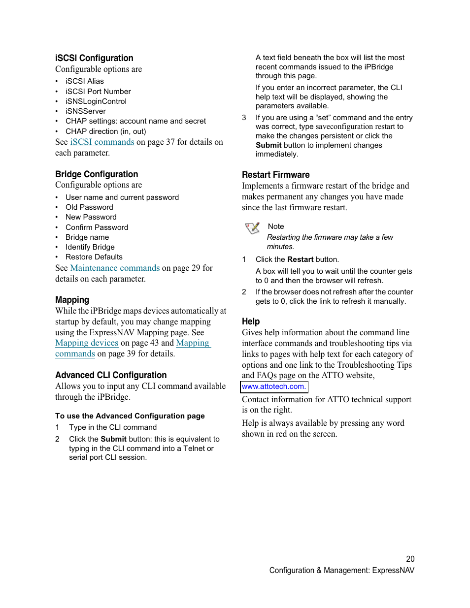 Iscsi configuration, Bridge configuration, Mapping | Advanced cli configuration, Restart firmware, Help | ATTO Technology 1500D/E User Manual | Page 29 / 62