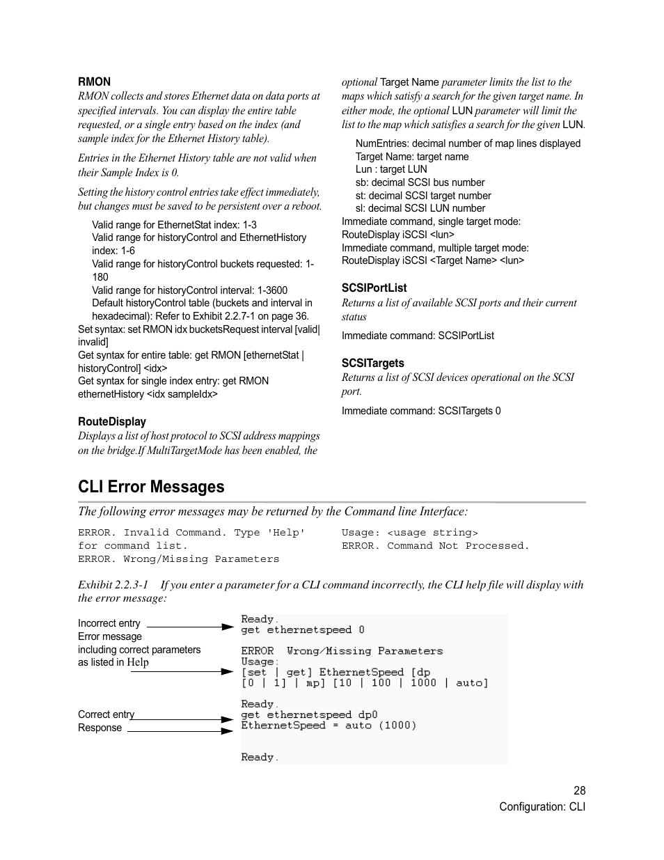Rmon, Routedisplay, Scsiportlist | Scsitargets, Cli error messages, Rmon routedisplay scsiportlist scsitargets | ATTO Technology 1500D/E User Manual | Page 37 / 62