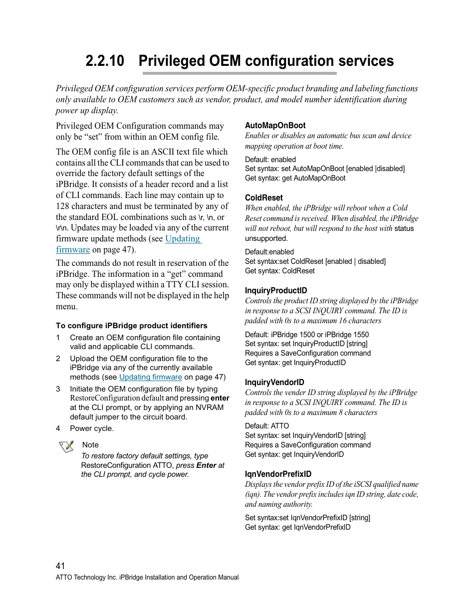 10 privileged oem configuration services, Automaponboot, Coldreset | Inquiryproductid, Inquiryvendorid, Iqnvendorprefixid, Privileged oem configuration services | ATTO Technology 1500D/E User Manual | Page 50 / 62