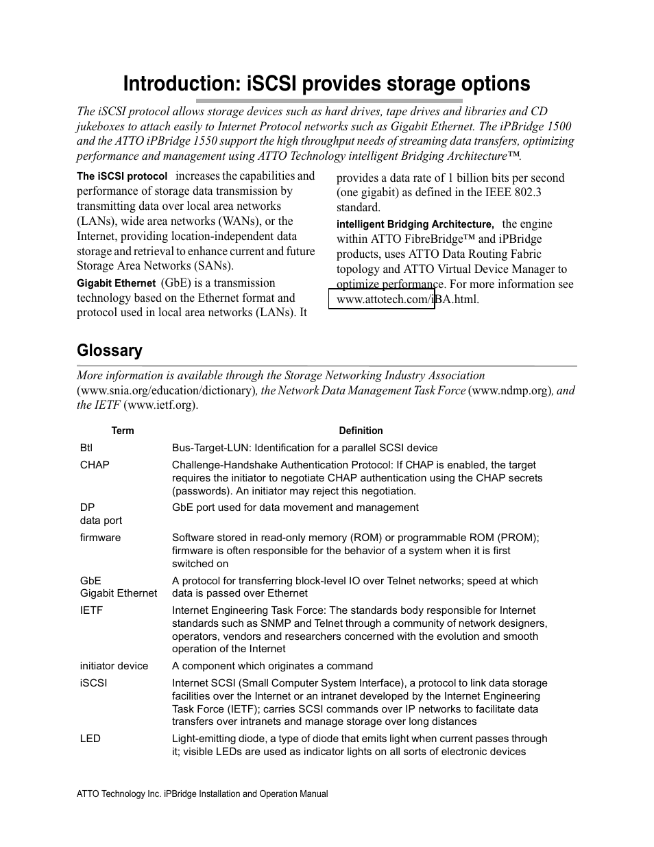 Introduction: iscsi provides storage options, Glossary | ATTO Technology 1500D/E User Manual | Page 8 / 62