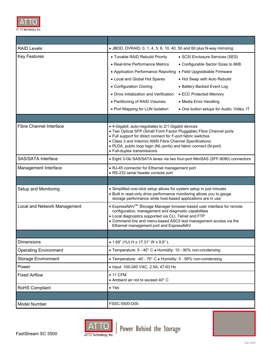 Power behind the storage, Faststream™ sc 5500, Storage controller | ATTO Technology FastStream SC 5500 User Manual | Page 2 / 2