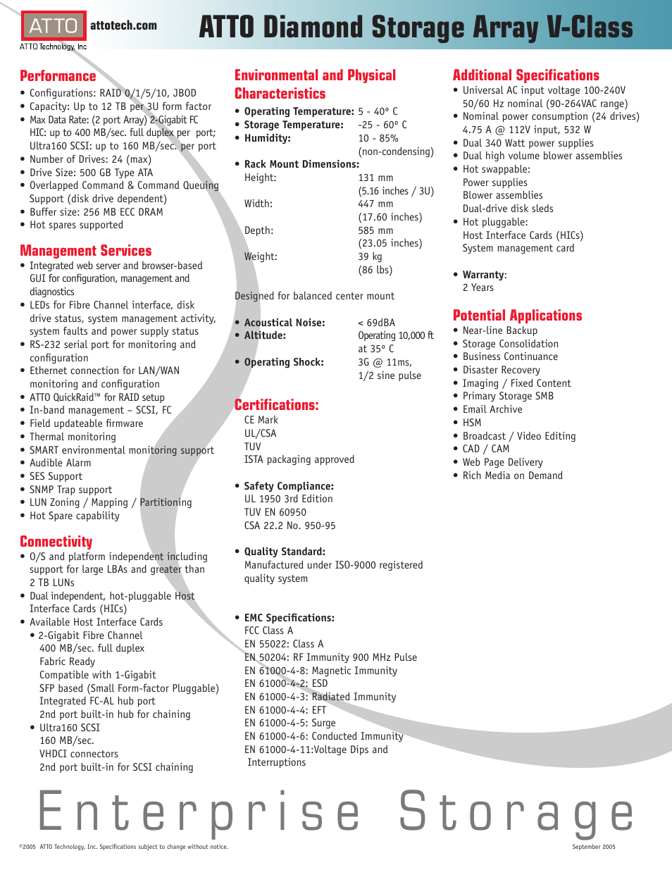 Atto diamond storage array v-class, Performance, Management services | Connectivity, Environmental and physical characteristics, Certifi cations, Additional specifi cations, Potential applications | ATTO Technology Diamond Storage Array V-Class User Manual | Page 2 / 2