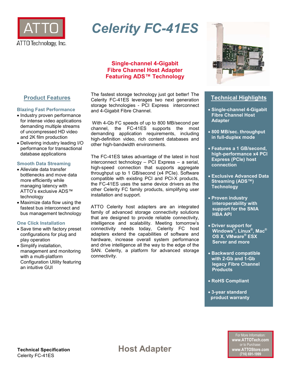 ATTO Technology ATTO Celerity FC-41ES User Manual | 2 pages