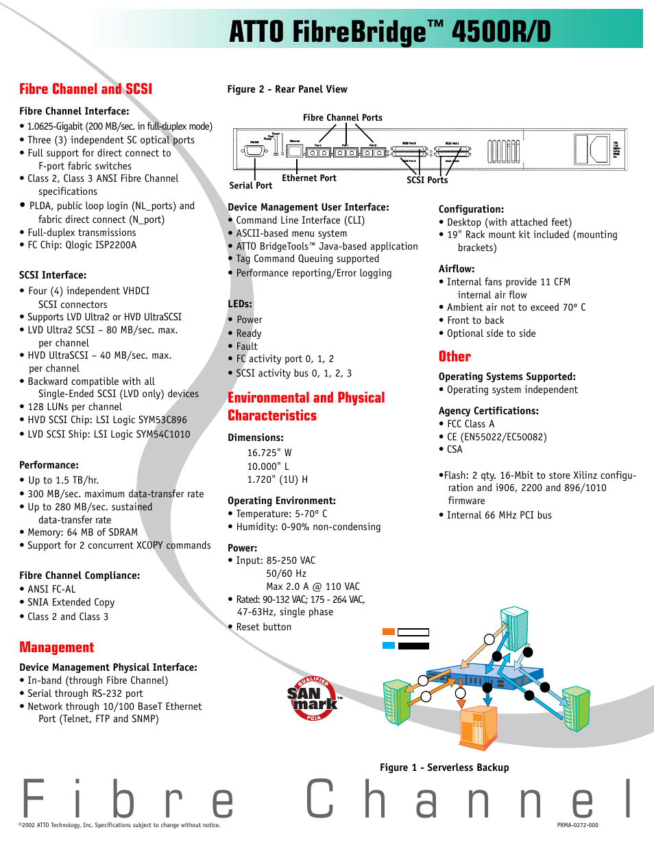 Atto fibrebridge, 4500r/d, Fibre channel and scsi | Management, Environmental and physical characteristics, Other | ATTO Technology ATTO FibreBridge 4500R/D User Manual | Page 2 / 2