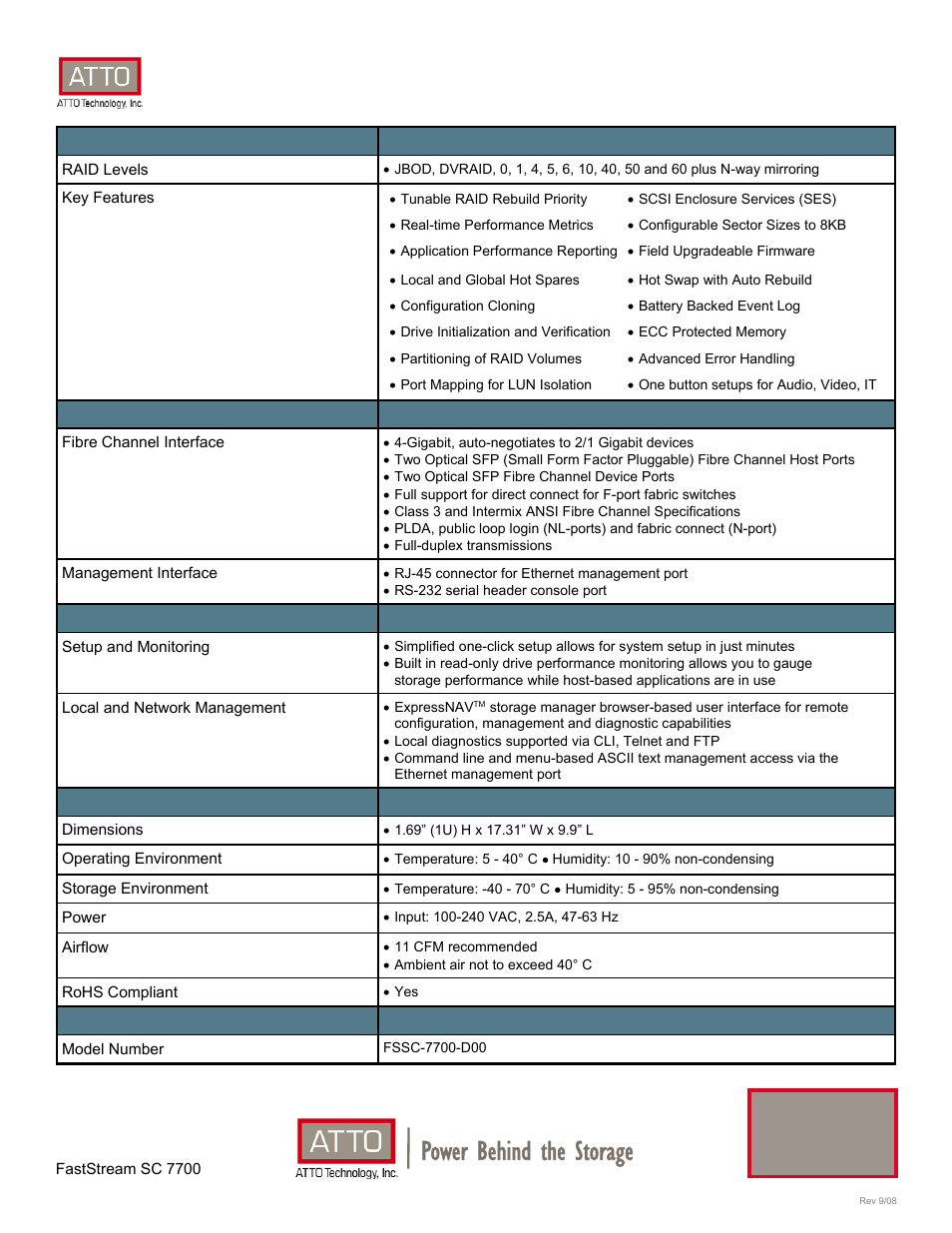 Power behind the storage, Faststream™ sc 7700, Storage controller | ATTO Technology FastStream SC 7700 User Manual | Page 2 / 2