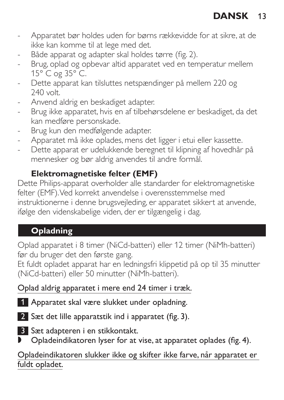 Elektromagnetiske felter (emf), Opladning | Philips HAIRCLIPPER Series 1000 Cortapelos Super-Easy User Manual | Page 13 / 92