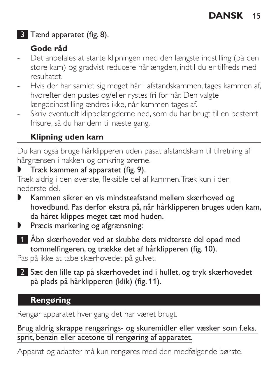 Gode råd, Klipning uden kam, Rengøring | Philips HAIRCLIPPER Series 1000 Cortapelos Super-Easy User Manual | Page 15 / 92