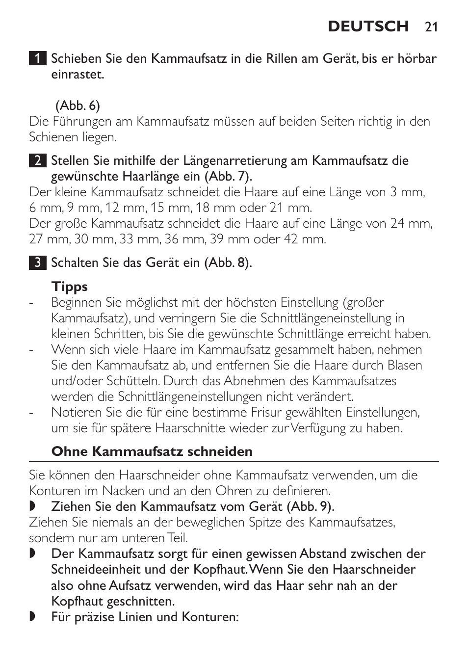 Tipps, Ohne kammaufsatz schneiden | Philips HAIRCLIPPER Series 1000 Cortapelos Super-Easy User Manual | Page 21 / 92