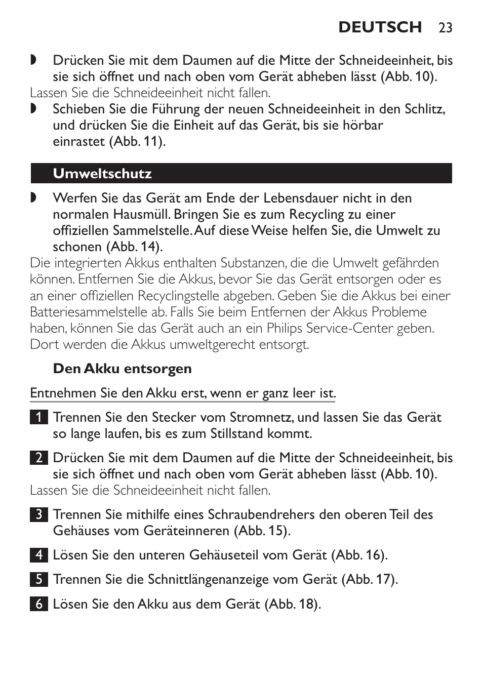 Den akku entsorgen, Umweltschutz | Philips HAIRCLIPPER Series 1000 Cortapelos Super-Easy User Manual | Page 23 / 92