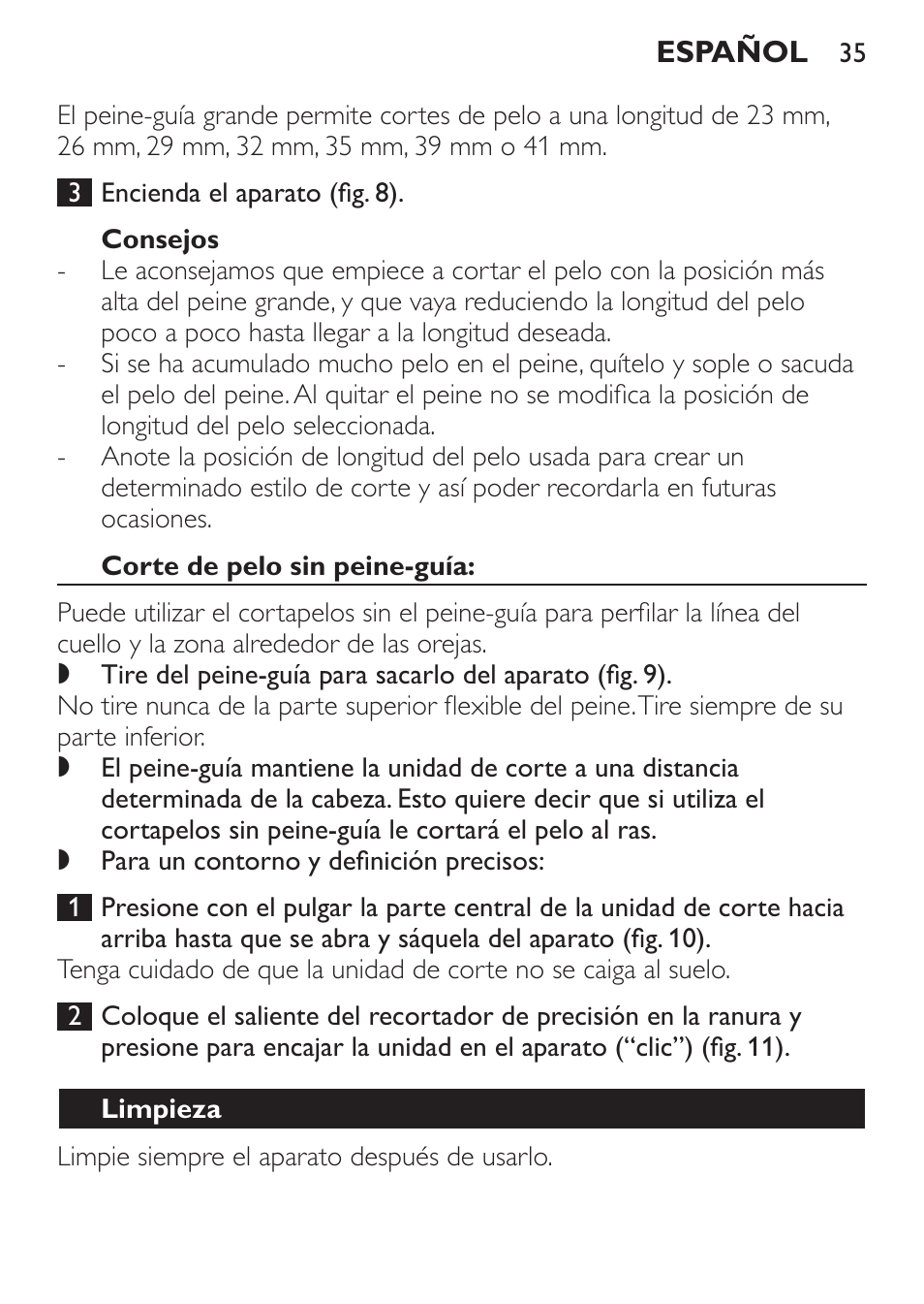 Consejos, Corte de pelo sin peine-guía, Limpieza | Philips HAIRCLIPPER Series 1000 Cortapelos Super-Easy User Manual | Page 35 / 92